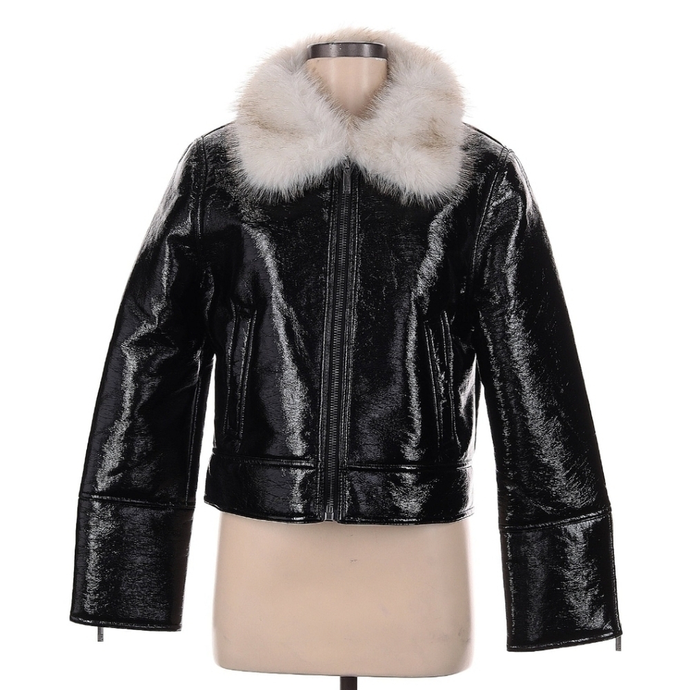 Unreal Fur Black Vegan Patent Leather Wet Look Aviator Jacket